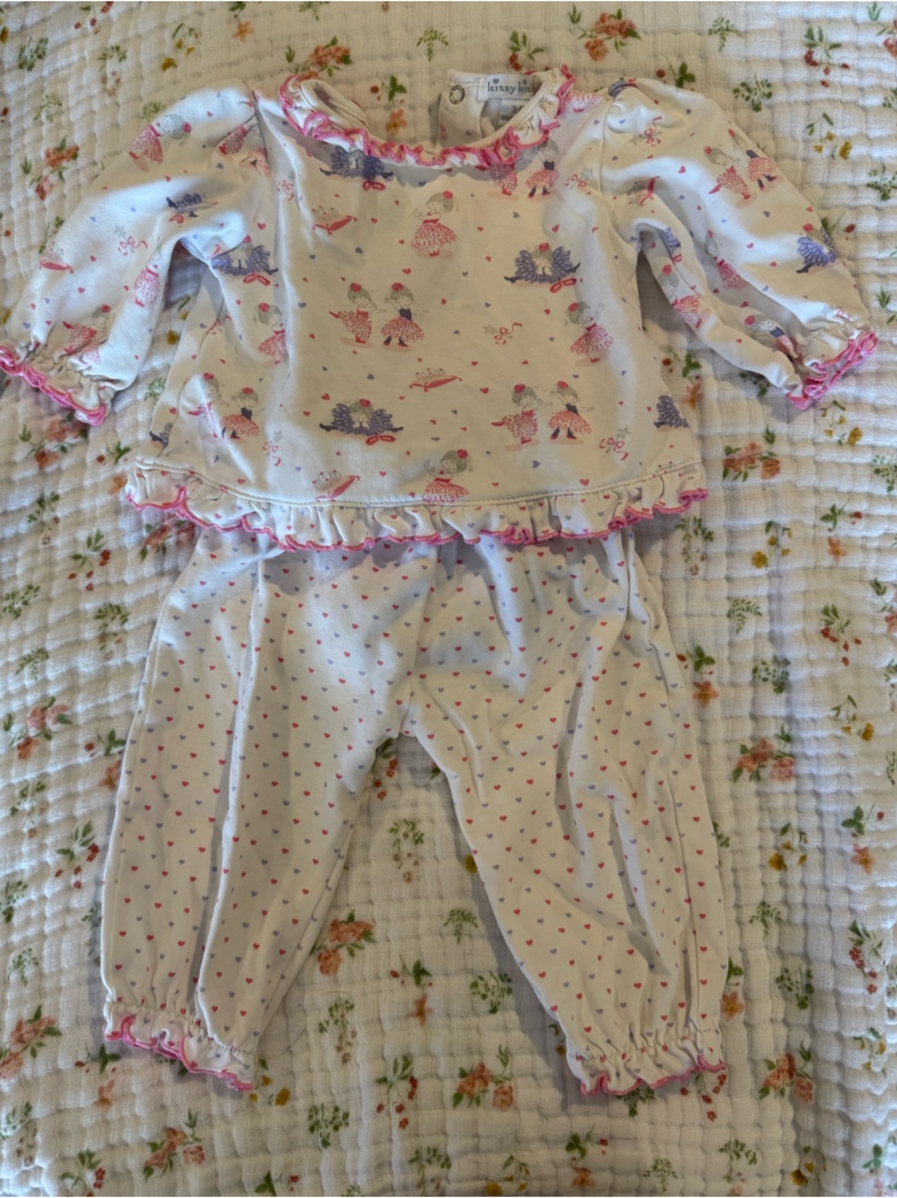 Kissy Kissy White and Pink Ruffle Two-Piece Pajama Set